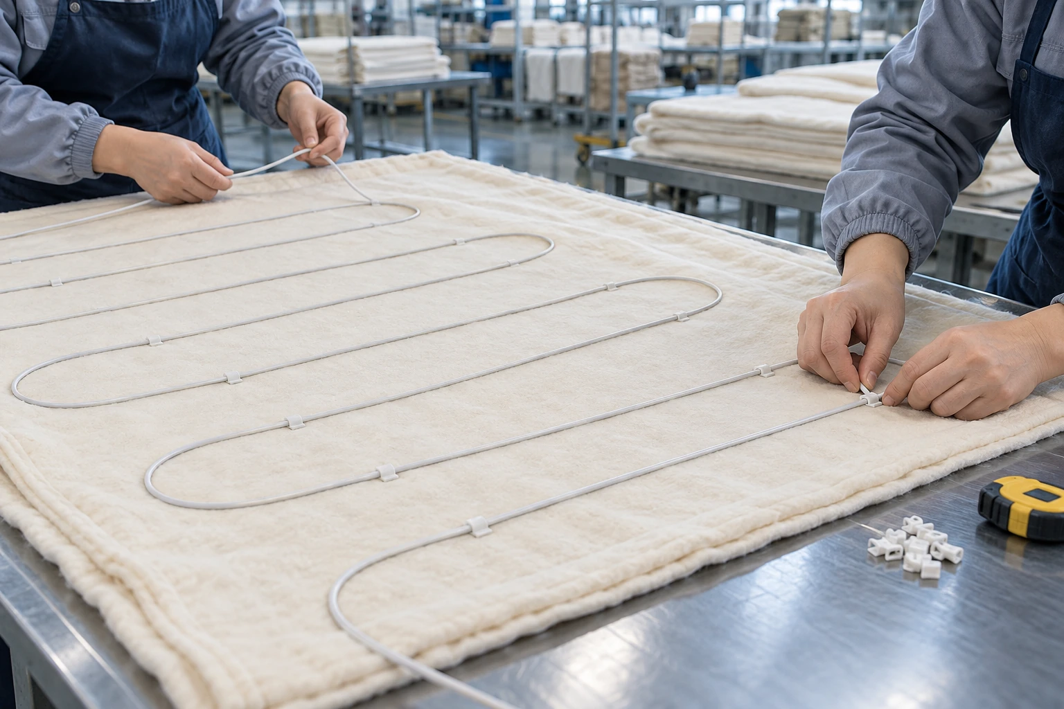 Illustrative hands placing heating wire across blanket fabric at a worktable
