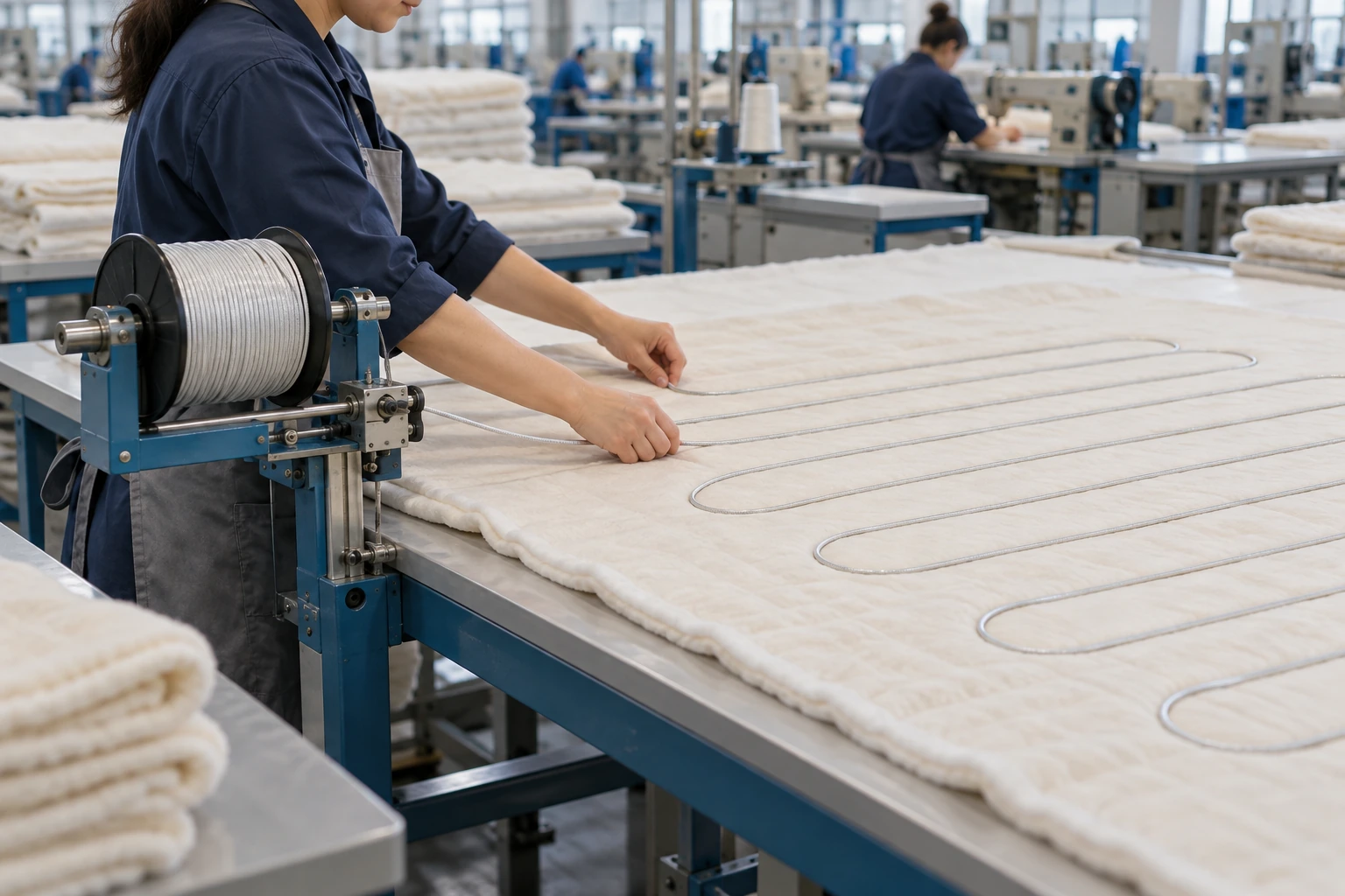 Illustrative operator using an assisted wire-placement station with a blanket layer