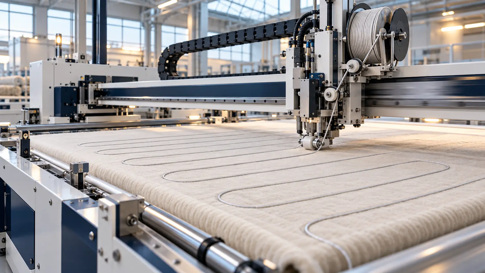 Illustrative automatic gantry placing heating wire on an electric blanket layer